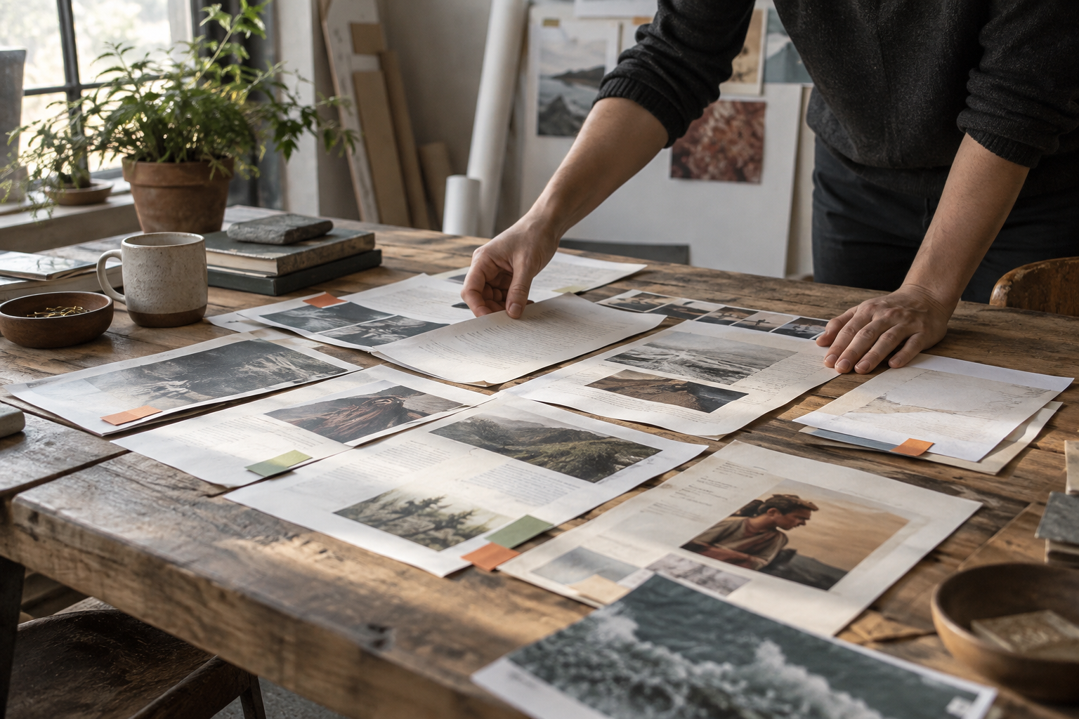 Hands arranging printed editorial pages for content planning