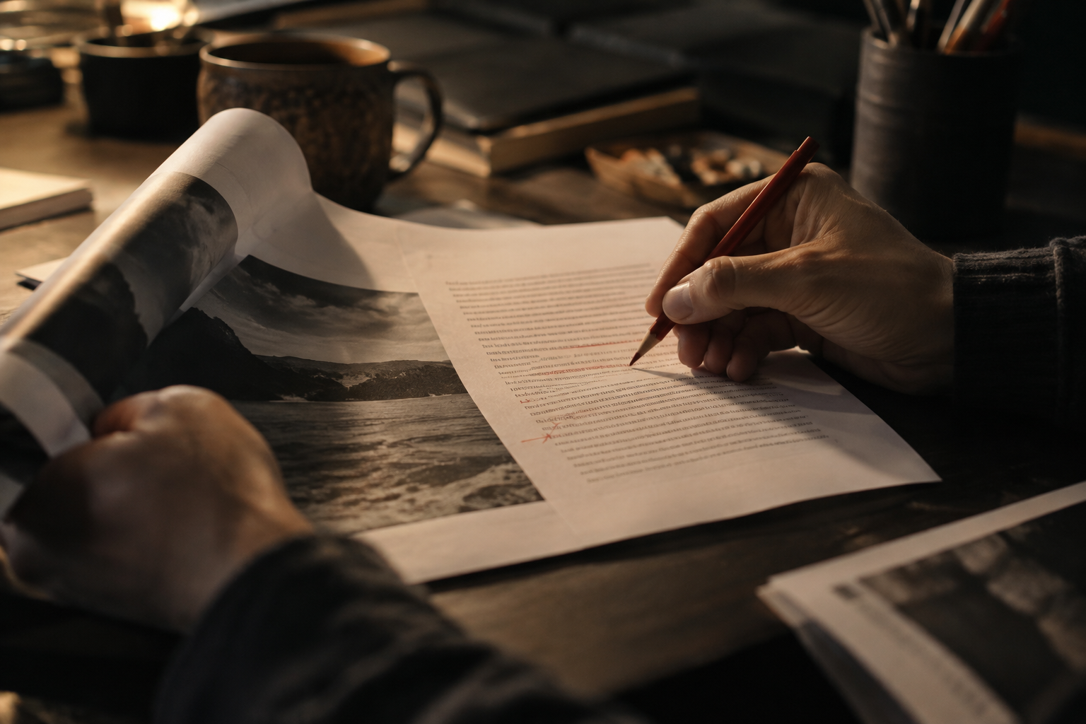 Editor marking a printed draft with a red pencil