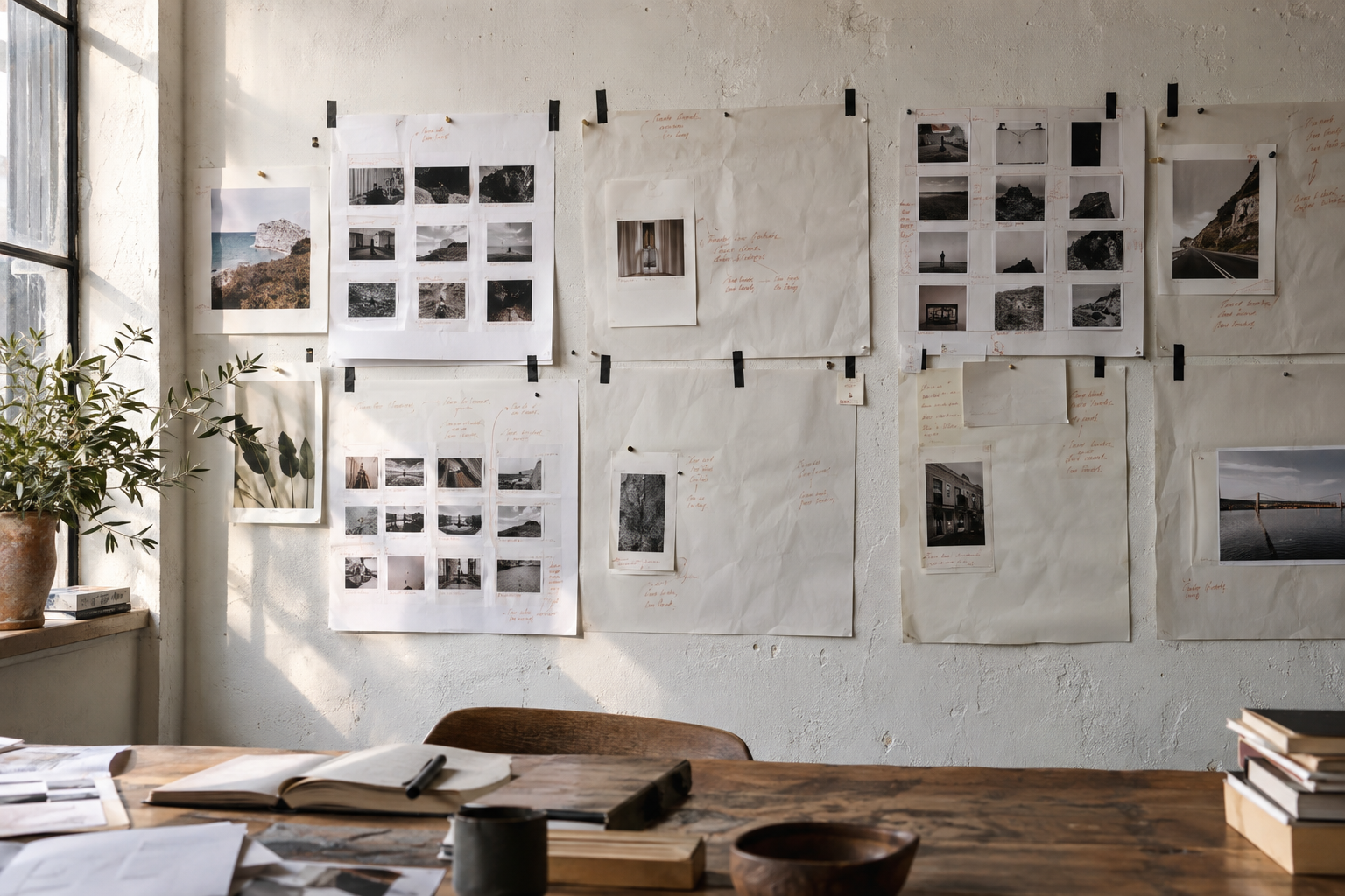 Editorial drafts and contact sheets pinned to a studio wall