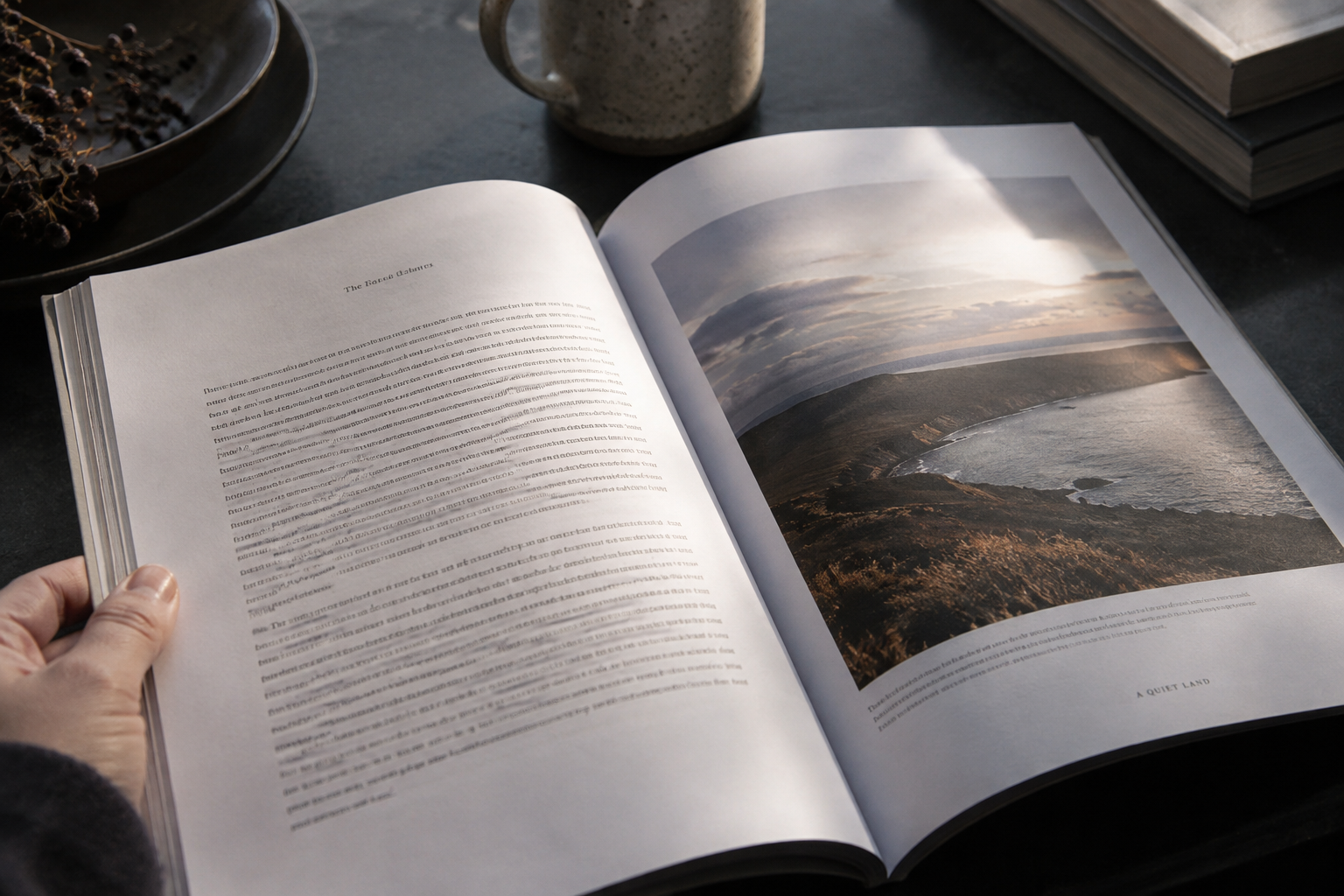Open editorial magazine held at a worktable