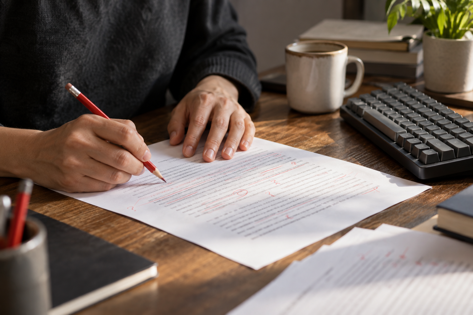 Hands editing a draft beside a keyboard