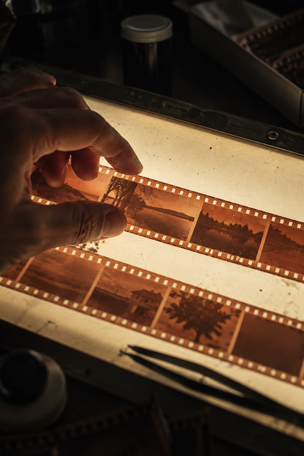 Film negatives inspected over a light table