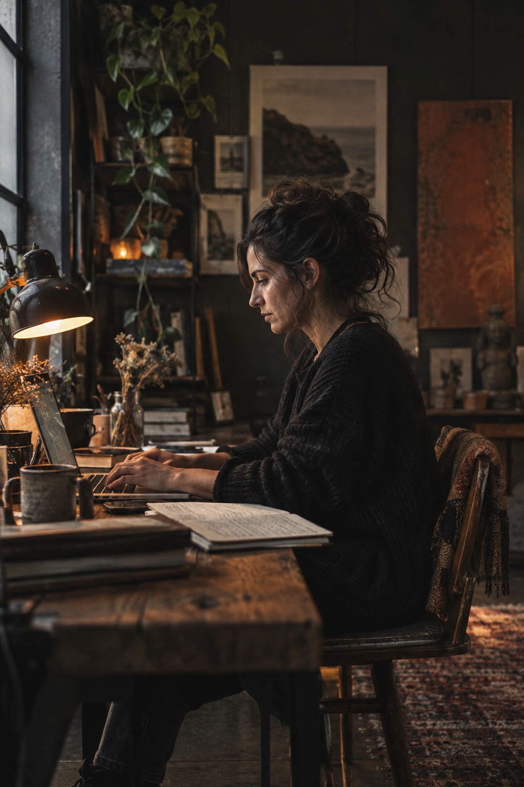 Writer at work in a warmly lit studio