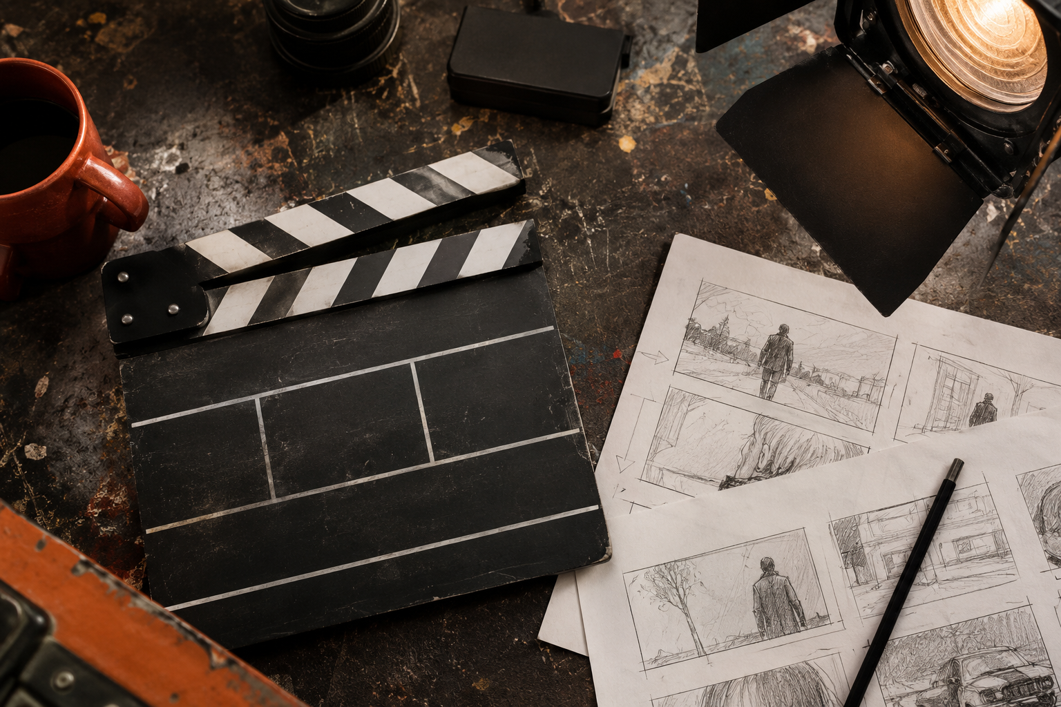 Storyboards, clapperboard, and studio lighting