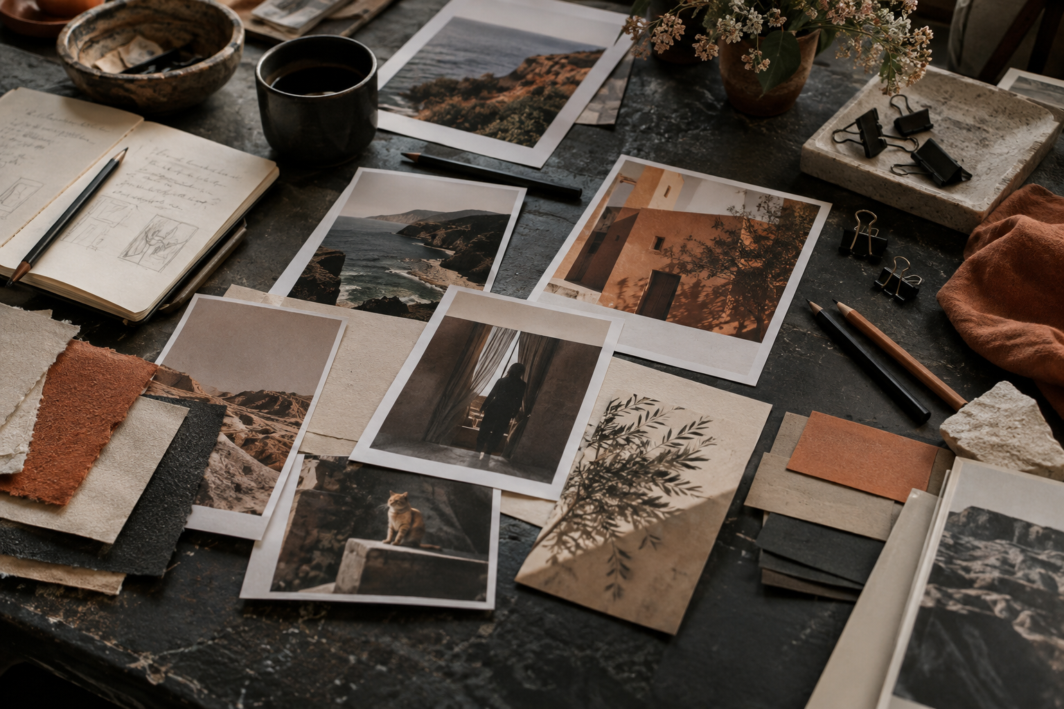 Printed references and notes on a strategy moodboard